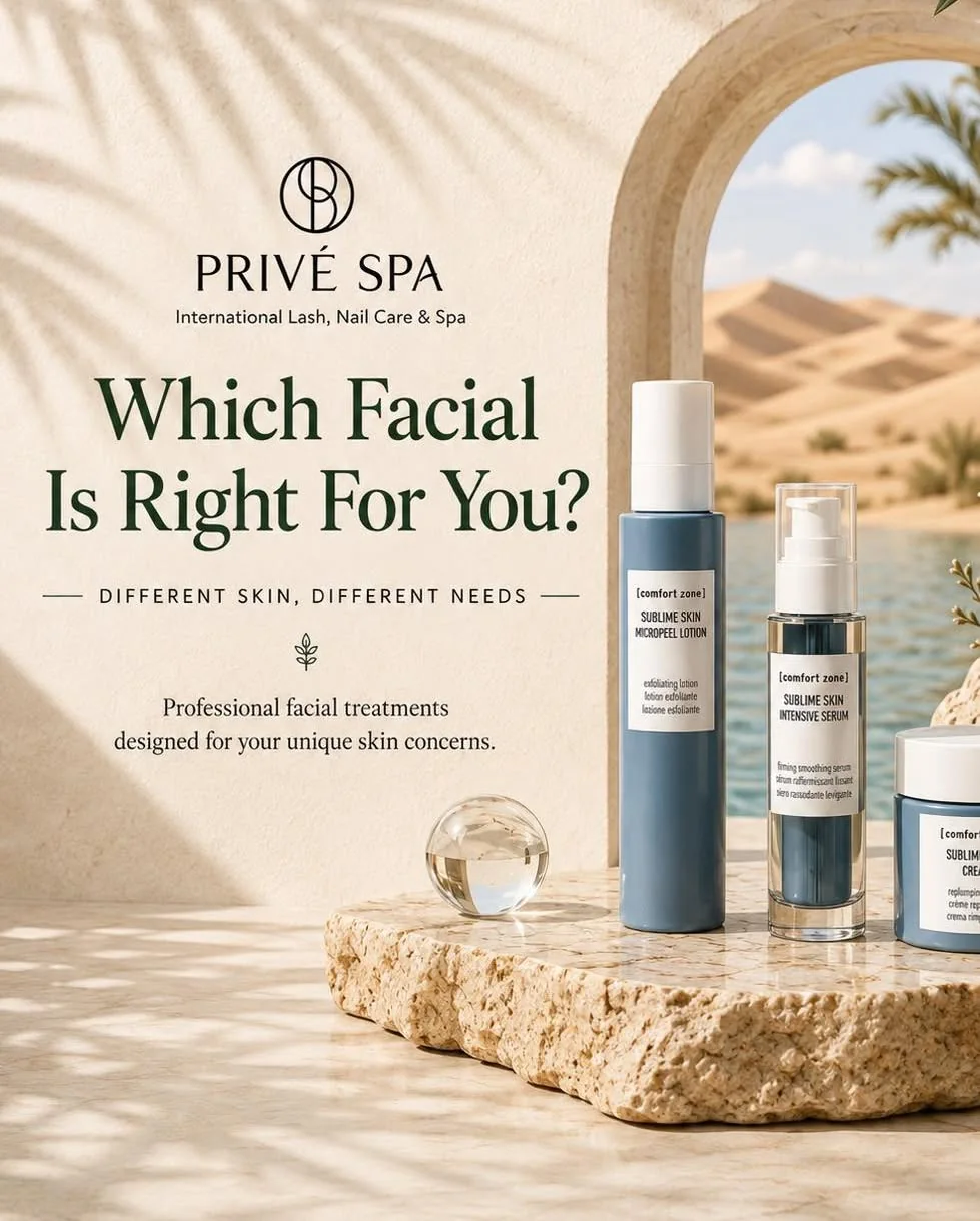 Privé Spa facial products on a warm stone backdrop
