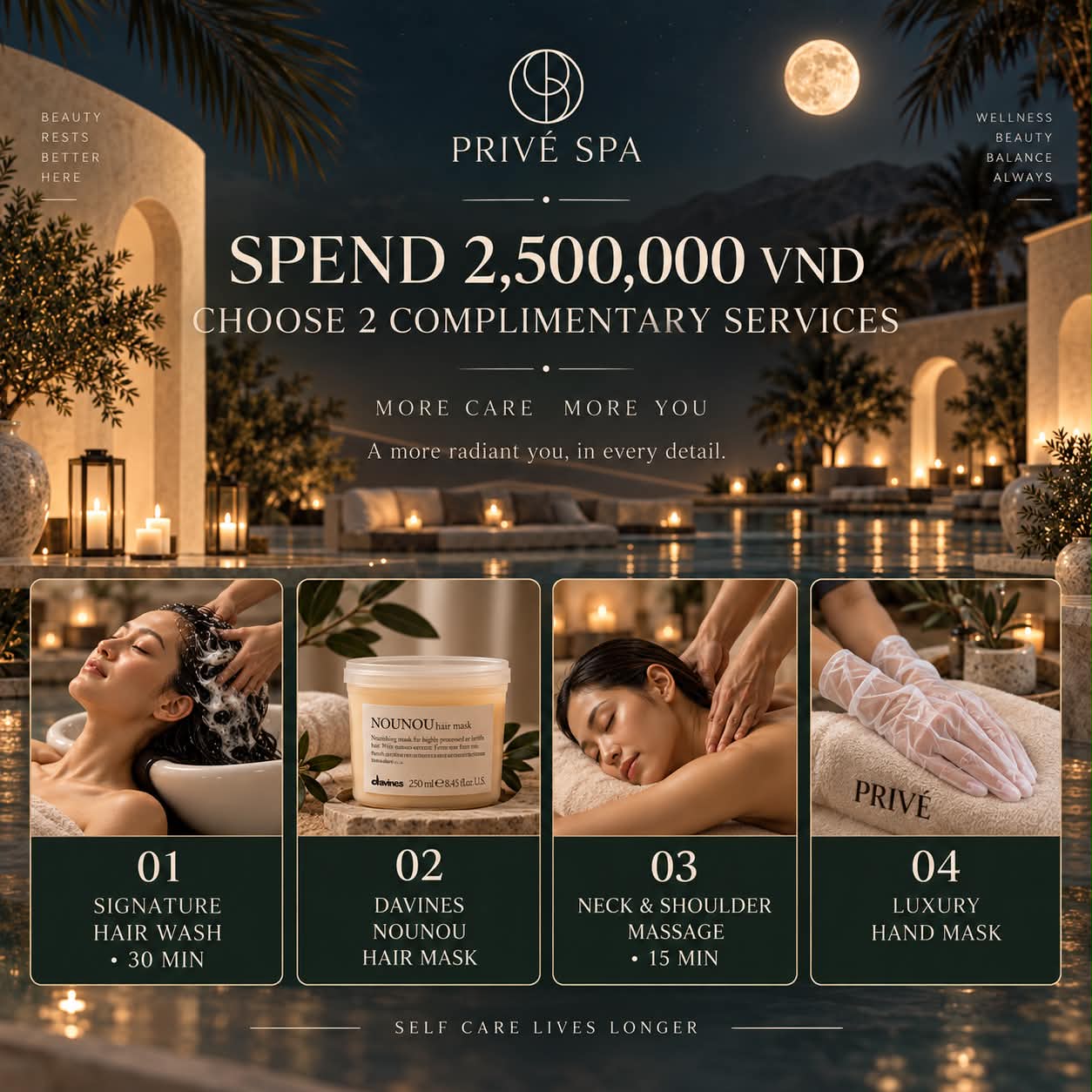 Spend 2,500,000 VND and choose two complimentary services from the options shown.