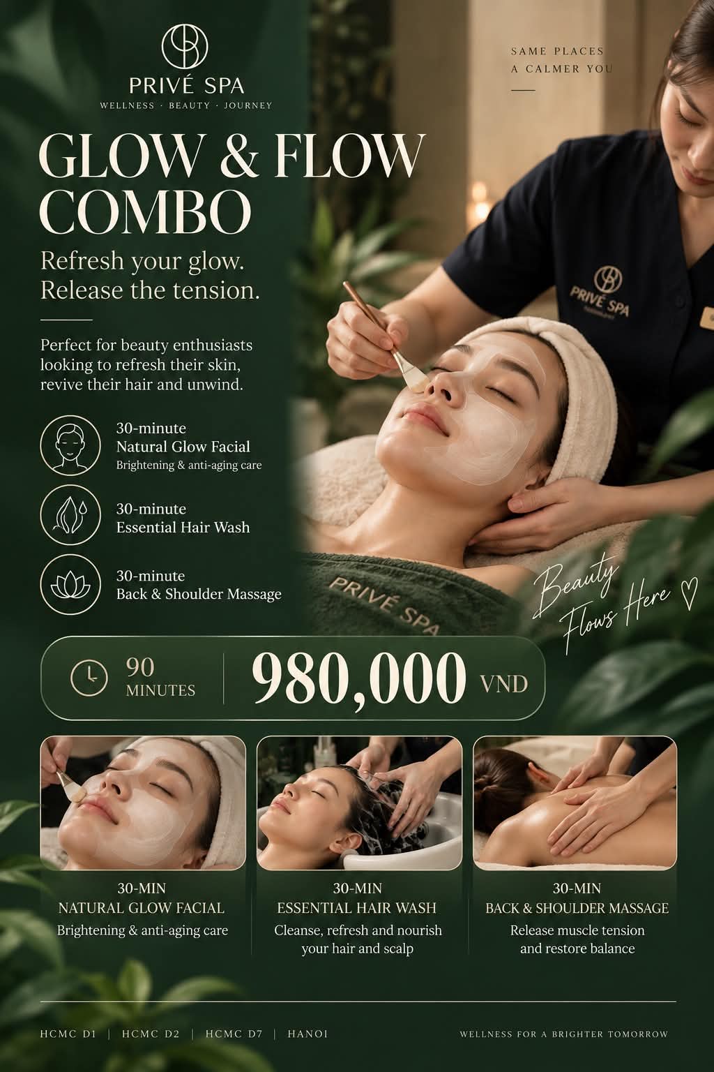 Glow and Flow Combo: 90 minutes of facial, hair wash and back and shoulder massage for 980,000 VND.