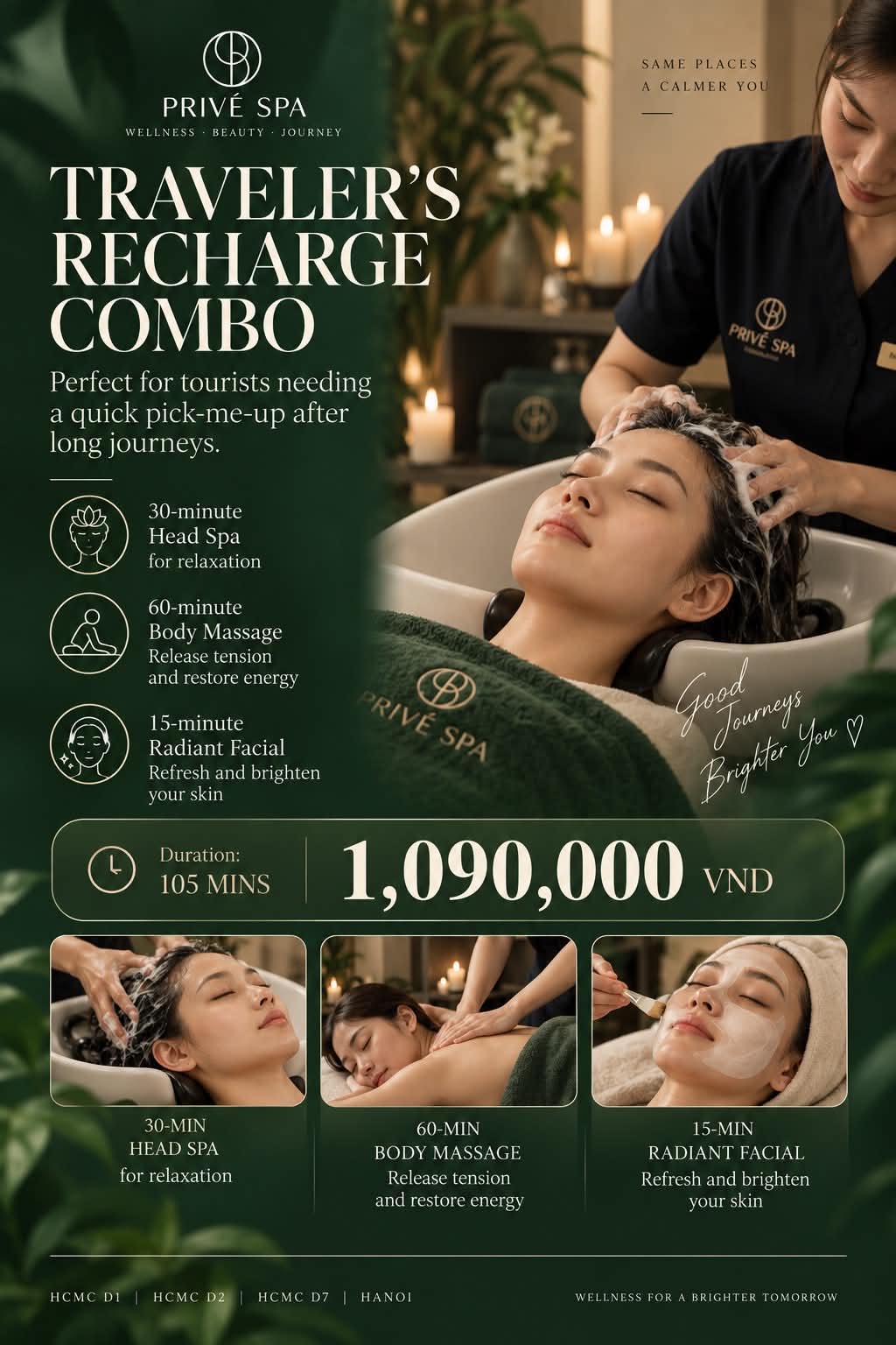 Travelers Recharge Combo: 105 minutes of head spa, body massage and facial for 1,090,000 VND.